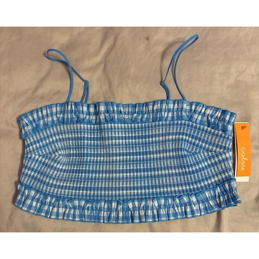 NEW Colsie Blue Gingham Ruched Bandeau Bralette, Large‎